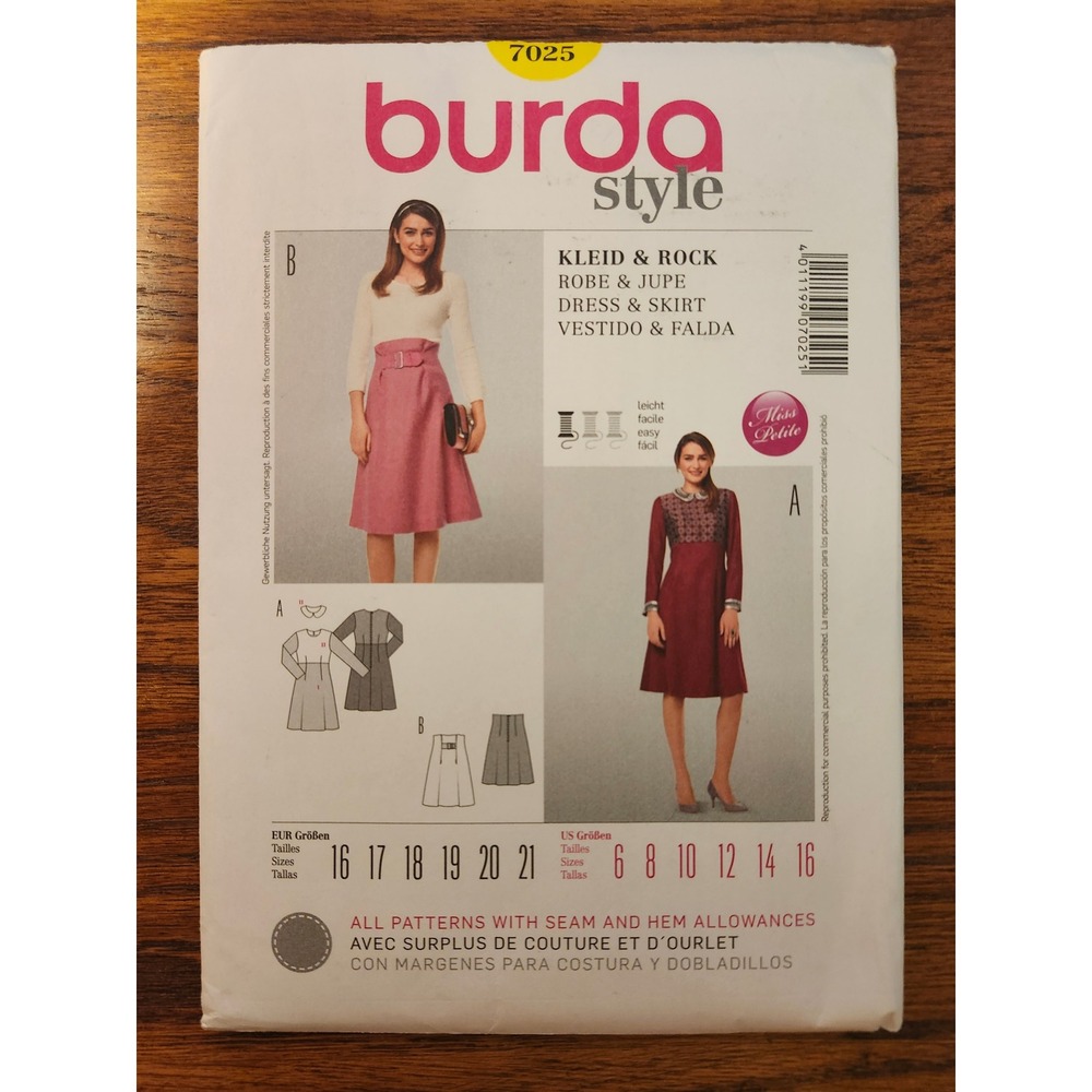 Burda Style 7025 Miss Petite Dress and Skirt Sewing Pattern Sizes 6-16 Uncut
